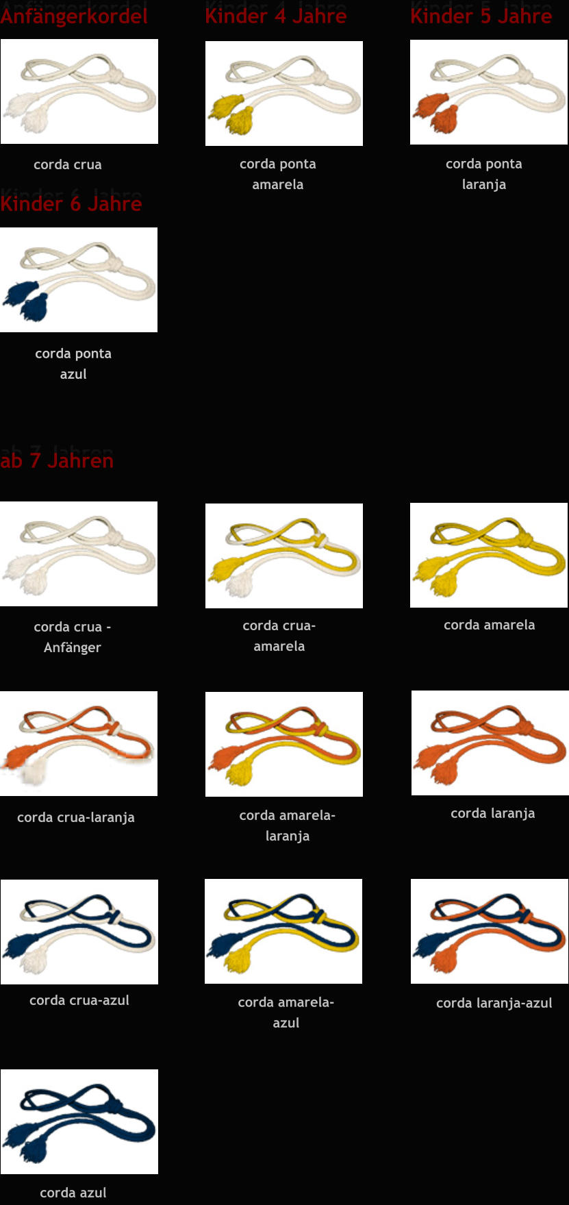 Kinder 4 Jahre Kinder 4 Jahre Kinder 5 Jahre Kinder 5 Jahre Kinder 6 Jahre Kinder 6 Jahre Anfngerkordel Anfngerkordel corda crua corda ponta amarela corda ponta laranja corda ponta  azul  ab 7 Jahren ab 7 Jahren corda crua - Anfnger corda crua-amarela corda amarela-laranja corda amarela corda crua-laranja corda laranja corda crua-azul corda amarela-azul corda laranja-azul corda azul
